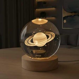 GIGAWATTS 3D Moon Crystal Ball Night Light USB Table LED Lamp Home Decor Lights with Wooden Base for Home Office Kids Teens (Pack of 1)