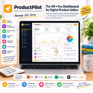 Puede incluir: Un ordenador portátil que muestra el panel de control de ProductPilot para la gestión de productos digitales, con análisis de ventas y sincronización multiplataforma. La pantalla presenta gráficos de ingresos y métricas de negocio.