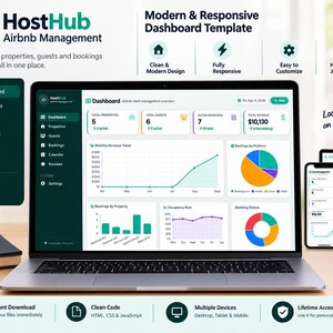 May include: A HostHub Airbnb management dashboard template displayed on a laptop, smartphone, and tablet. The interface features a dark sidebar, white main area with data charts, revenue metrics, and booking status. Text includes HostHub, Modern & Responsive Dashboard Template, and Looks great on all devices.