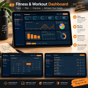 May include: A digital fitness and workout dashboard displayed on three screens, featuring dark mode interfaces with orange accents. The screens show data visualisations, including line graphs, bar charts, and pie charts, alongside calendar views and exercise logs for tracking progress, planning workouts, and managing health goals.