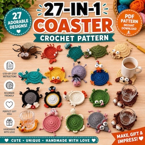 Pacchetto PDF+Video 27-in-1 di modelli per sottobicchieri a forma di animali all'uncinetto - Modelli per sottotazze pop-up, portabicchieri amigurumi - Divertenti sottobicchieri a forma di animali all'uncinetto