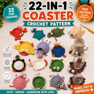PDF+Video 22-in-1 Animal Coaster Crochet Pattern Bundle PDF – Pop-Up Mug Rug Patterns, Amigurumi Cup Holder - Funny Crochet Animal Coasters