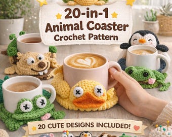 PDF+Video 22-in-1 Animal Coaster Crochet Pattern Bundle PDF – Pop-Up Mug Rug Patterns, Amigurumi Cup Holder - Funny Crochet Animal Coasters