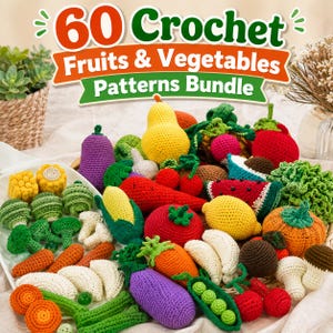 Może przedstawiać: Kolekcja różnych szydełkowanych owoców i warzyw, w tym marchewek, kukurydzy, brokułów, bakłażanów i jagód. Obraz zawiera tekst 60 Crochet Fruits & Vegetables Patterns Bundle, prezentujący różnorodne kolorowe przedmioty wykonane z włóczki.