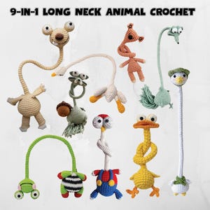May include: A collection of nine crocheted animal figures with long necks, labeled 9-IN-1 LONG NECK ANIMAL CROCHET. The figures include various creatures in colors like beige, green, orange, yellow, white, and blue, featuring distinct facial expressions.