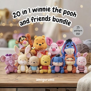 Paquete de amigurumis de Winnie the Pooh 20 en 1: 20 patrones de crochet de personajes en PDF (Winnie the Pooh, Piglet, Tigger, Eeyore, Lump, Rabbit, Roo, Dog)