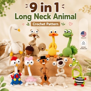 9-i-1 Långhalsad Djurberlock Virkmönster Bundle | Amigurumi Nyckelring | Amigurumi Handledning, ekorre, Sid Sengångaren, (Engelskt Mönster)