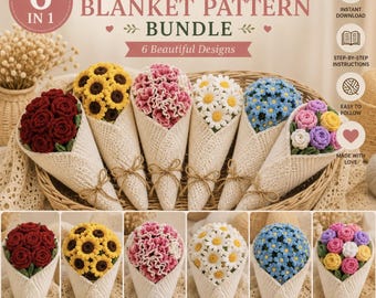 6in1 Flower Bouquet Blanket Crochet Pattern Bundle PDF, Floral Blanket, Daisy, Rose, Sunflower, Carnation, fluffy blanket, Instant Download