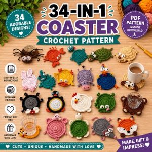 May include: A digital crochet pattern for 34 coasters featuring various animal designs including a spider, turtle, frog, and fox. The image displays the finished crocheted coasters, a white coffee mug, a clear glass, and text labels.