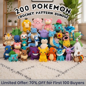 Op de afbeelding: Een verzameling van 200 Pokemon haakpatronen met diverse kleurrijke figuren van garen, waaronder Pikachu, Bulbasaur en Gengar. De tekst 200 POKEMON CROCHET PATTERN BUNDLE en Limited Offer: 70% OFF for First 100 Buyers is zichtbaar.
