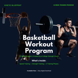 May include: A digital 12-week Basketball Workout Program titled Kinetic Blueprint. The graphic features a basketball player jumping toward a hoop and a person performing a barbell squat. Text includes What's Inside: Speed Training, Strength Training.