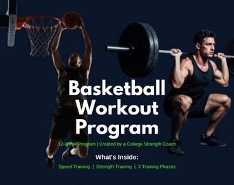 May include: A digital 12-week Basketball Workout Program titled Kinetic Blueprint. The graphic features a basketball player jumping toward a hoop and a person performing a barbell squat. Text includes What's Inside: Speed Training, Strength Training.