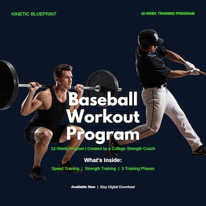 May include: A digital graphic for a Kinetic Blueprint 12-Week Training Program featuring a person performing a barbell squat and a baseball player swinging a bat. Text includes Baseball Workout Program, Created by a College Strength Coach, and What's Inside: Speed Training, Strength Training, 3 Training Phases.