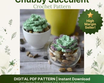 May include: A digital PDF crochet pattern titled Chubby Succulent. The image displays two crocheted succulents in small containers filled with pebbles. One succulent is light green, and the other is light green with purple-tipped edges.
