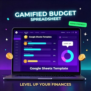 May include: A laptop displaying a gamified budget spreadsheet template with a dark purple interface, neon blue progress bars, a circular chart, and the text GAMIFIED BUDGET SPREADSHEET, ADHD-FRIENDLY, LEVEL UP, and LEVEL UP YOUR FINANCES.