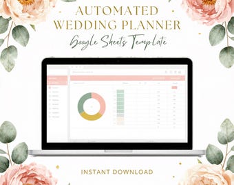 May include: A laptop screen displaying an automated wedding planner Google Sheets template with a pie chart and data tables, framed by watercolor illustrations of pink peonies and green eucalyptus leaves with the text Instant Download.