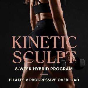 May include: Black athletic shorts and a matching sports bra with a dumbbell. Text reads: KINETIC SCULPT 8-WEEK HYBRID PROGRAM PILATES x PROGRESSIVE OVERLOAD. The attire is solid black, and the dumbbell is a standard hexagonal weight for fitness training.