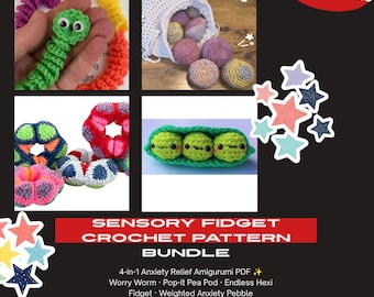 May include: A 4-in-1 sensory fidget crochet pattern bundle featuring a worry worm, a white drawstring bag with colorful crocheted pebbles, multi-colored crocheted rings, and a green pea pod with three small green peas with embroidered faces.