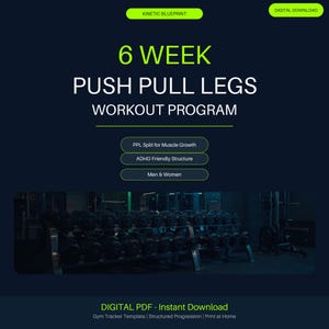Może przedstawiać: Cyfrowy plik do pobrania z 6-tygodniowym programem treningowym push pull legs. Ciemnoniebieska grafika zawiera jaskrawozielony tekst, w tym Kinetic Blueprint, PPL Split for Muscle Growth, ADHD Friendly Structure oraz zdjęcie hantli na siłowni.