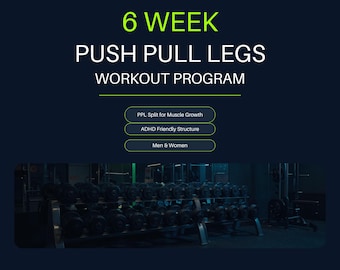 May include: A digital download for a 6 week push pull legs workout program. The dark blue graphic features bright green text including Kinetic Blueprint, PPL Split for Muscle Growth, ADHD Friendly Structure, and a photo of gym dumbbells.