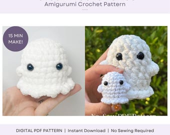 May include: A digital PDF pattern for a No-Sew Pocket Ghost amigurumi crochet project. The image displays two white, plush, crocheted ghost figures with black safety eyes. Text includes No-Sew Pocket Ghost, 15 MIN MAKE, and Digital PDF Pattern.