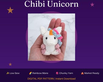 Chubby Chibi Unicorn Crochet Pattern | Low Sew Amigurumi Plushie (PDF Download)