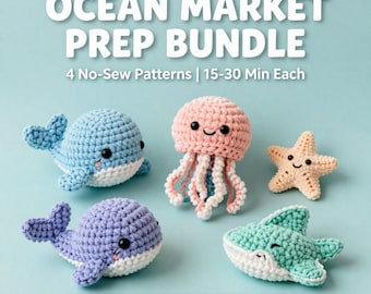 May include: Ocean Market Prep Bundle 4 No-Sew Patterns 15-30 Min Each Digital PDF Pattern - Instant Download. Five crocheted sea creatures including two whales in blue and purple, a pink jellyfish, a beige starfish, and a teal shark.