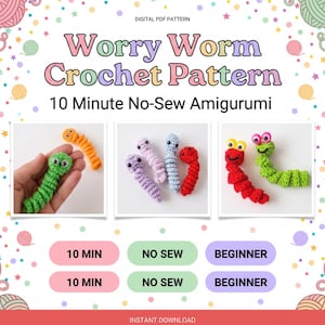 Peut inclure: Un modèle de crochet PDF numérique pour un Worry Worm, incluant des instructions pour des amigurumis sans couture en 10 minutes. L'image montre plusieurs petits vers crochetés colorés avec des yeux mobiles en vert, orange, violet, rose, bleu et rouge.