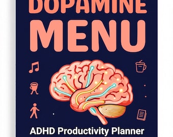 May include: A dark blue rectangular planner cover featuring the peach-colored text DOPAMINE MENU and ADHD Productivity Planner. A central illustration shows a pink brain with glowing light blue and yellow lines, surrounded by small icons.