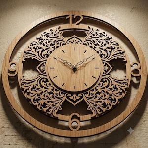 May include: A circular wooden wall clock featuring a light brown natural wood grain finish. The clock face displays an intricate laser-cut floral pattern surrounding a central dial with thin black hands and simple black tick marks for hours.