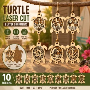 Puede incluir: Un conjunto de diez adornos de madera cortados con láser en forma de tortuga con diseños de dos capas que muestran faros, palmeras, anclas, flores de hibisco y olas del mar. El texto dice TURTLE LASER CUT 2 LAYER ORNAMENTS y 10 DESIGNS.