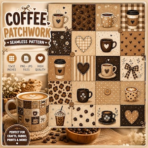 Motivo patchwork senza soluzione di continuità a tema caffè PNG JPG, carta digitale con stampa leopardata a tema tazza di caffè neutra, design per tessuti per amanti del caffè, ripetizione 12x12
