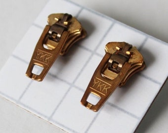 Upcycled Retro YKK Zipper Stud Earrings: Tarnished Gold Metal Unisex