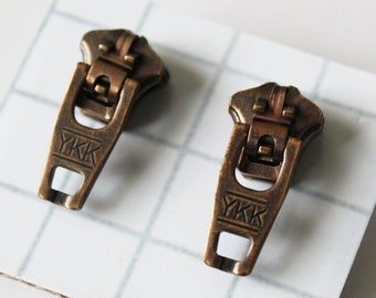 Industrial Copper Zipper Stud Earrings - Antique Copper - YKK Zipper Studs - Zipper Jewelry - Retro - Mens Earrings - Womens Earrings