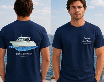 Comfort Colors® Custom Boat Shirt: Two Sided Personalized Name and Boat Artwork Shirt, Fishing Shirt Gift for Dad, Boat Crew Shirt