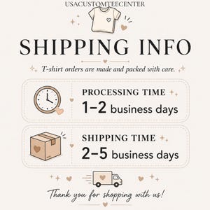 May include: An informational graphic with the text USA CUSTOM TEECENTER at the top, followed by SHIPPING INFO. It displays a clock icon for processing time of 1-2 business days and a cardboard box icon for shipping time of 2-5 business days.