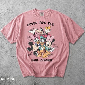 May include: A dusty pink short-sleeve t-shirt featuring a graphic print of Mickey Mouse, Minnie Mouse, Goofy, Donald Duck, Daisy Duck, and Pluto. The text reads NEVER TOO OLD FOR DISNEY, with character names written in a script font around the group.