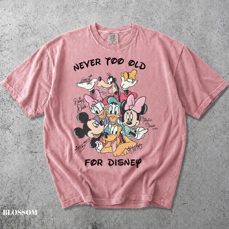 May include: A dusty pink short-sleeve t-shirt featuring a graphic print of Mickey Mouse, Minnie Mouse, Goofy, Donald Duck, Daisy Duck, and Pluto. The text reads NEVER TOO OLD FOR DISNEY, with character names written in a script font around the group.