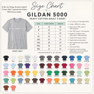 May include: A Gildan 5000 heavy cotton adult t-shirt size chart in Sport Grey. The graphic displays a t-shirt with chest and length measurement arrows, a table listing sizes S through 5XL in inches, and a color palette of 50 available shirt colors.