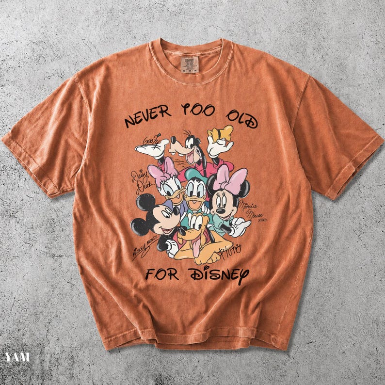 May include: A rust-colored short-sleeve t-shirt featuring a graphic of Disney characters including Mickey Mouse, Minnie Mouse, Donald Duck, Daisy Duck, Goofy, and Pluto. The text reads NEVER TOO OLD FOR DISNEY with character names written in script.