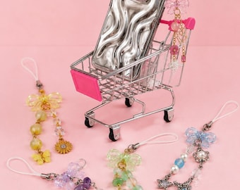 Colgante para móvil estilo Y2K | Lindo colgante para móvil con cuentas, lazo y colgantes | Accesorio kawaii en tonos pastel