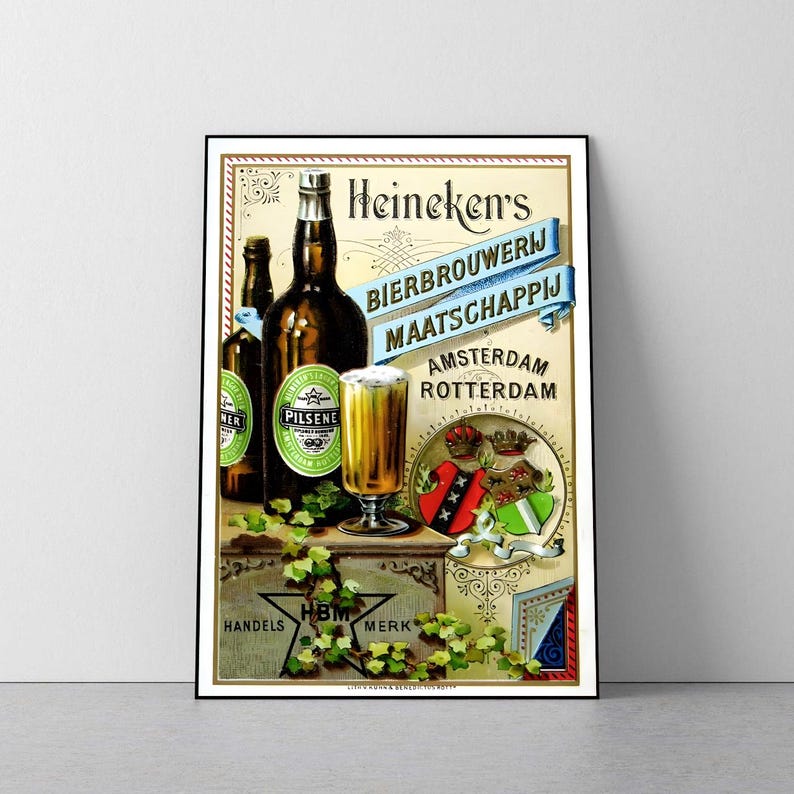 May include: A vintage-style poster featuring a dark beer bottle and a glass of golden beer with foam. The text reads Heineken's Bierbrouwerij Maatschappij Amsterdam Rotterdam. It includes a coat of arms, green ivy leaves, and a star logo.