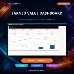 May include: An Earned Value Dashboard Excel template featuring a digital interface with project management metrics, financial data tables, and performance charts. The display includes text labels like Instant Download, Editable, Automated, and Ready to Use.