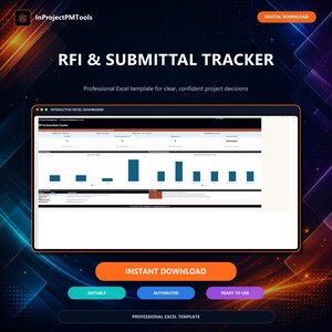 May include: An RFI & Submittal Tracker Excel template featuring an interactive dashboard with bar charts and data tables. The digital download includes text labels for instant download, editable, automated, and ready to use features.