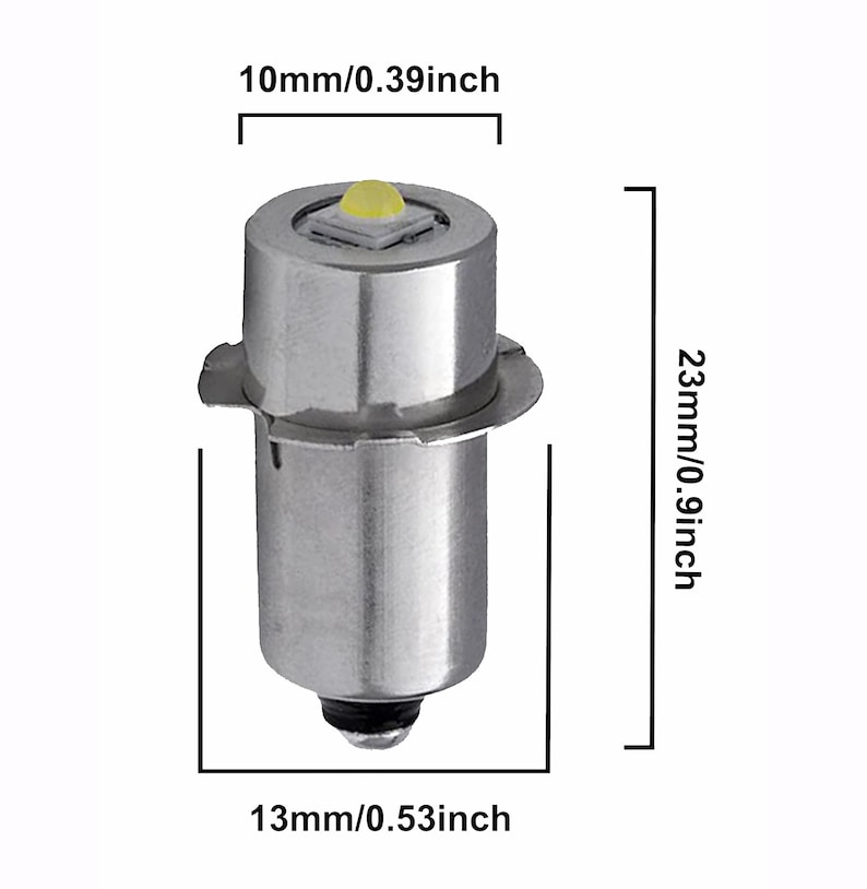 May include: A silver LED light bulb with a white LED chip. The bulb is 2.3 inches tall and 0.53 inches in diameter.