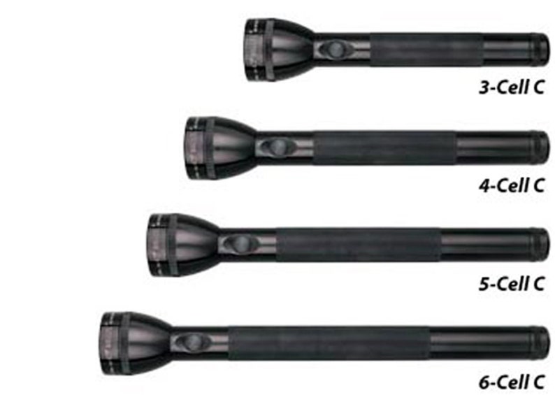 May include: Four black flashlights of different lengths, labeled 3-Cell C, 4-Cell C, 5-Cell C, and 6-Cell C.