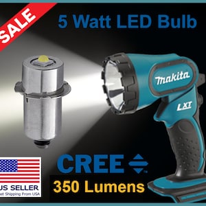 May include: A 5 watt LED bulb with a bright white light beam. The bulb is a CREE brand and produces 350 lumens. The bulb is shown in a Makita LXT flashlight.