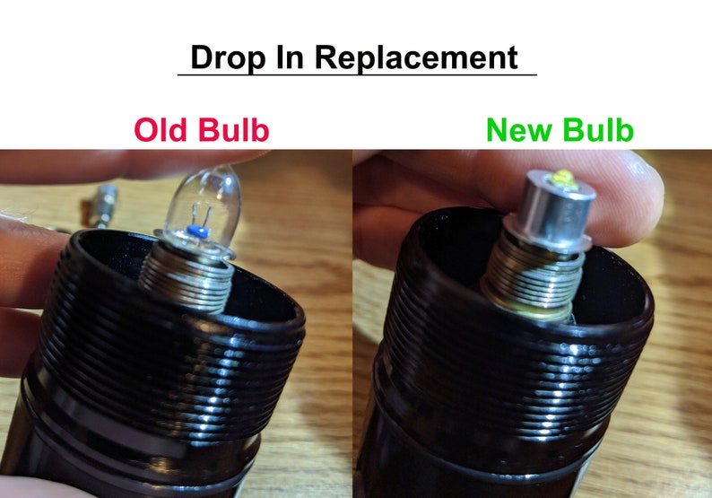 May include: Close-up of an old and new light bulb. The old bulb is a traditional incandescent bulb with a clear glass envelope and a metal filament. The new bulb is a LED bulb with a white plastic housing and a yellow LED chip. "Drop In Replacement" is written above the image. "Old Bulb" is written in red above the old bulb. "New Bulb" is written in green above the new bulb.