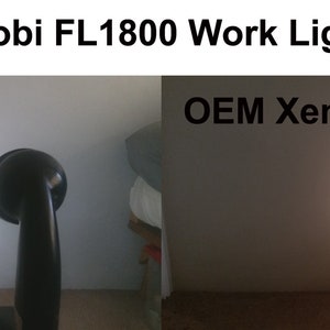 May include: A side-by-side comparison of two different light sources. On the left, a 5 Watt LED light illuminates a white surface. On the right, an OEM Xenon light illuminates a white surface. Both lights are attached to a black Ryobi FL1800 work light.