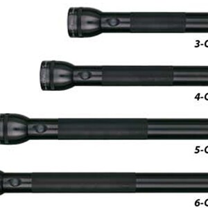 May include: Four black flashlights of different lengths, labeled 3-Cell D, 4-Cell D, 5-Cell D, and 6-Cell D.